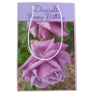 Bolsa De Regalo Mediana Rosa Flor Púrpura Nombre de Niña Cumpleaños