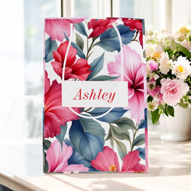 Bolsa De Regalo Mediana Rosa Floral Acuarela Hibisco Elegante (Subido por el creador)