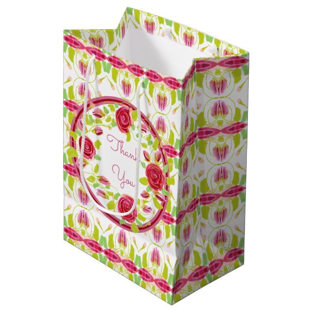 Bolsa De Regalo Mediana Rosa Floral Shabby Chic Gracias (Angulo Anverso)