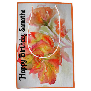 Bolsa De Regalo Mediana Rosa Naranja Roja Flor Acuarela Cumpleaños de Muje