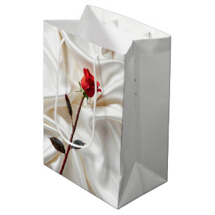 Bolsa De Regalo Mediana Rosa Roja De Cumpleaños Sobre Satén Blanco