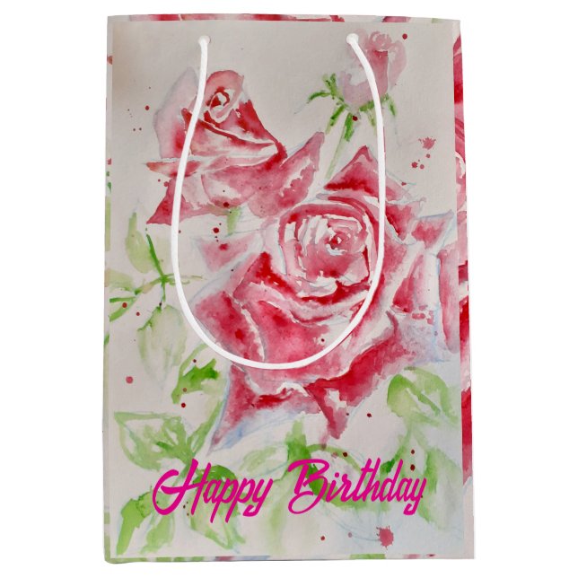 Bolsa De Regalo Mediana Rosa Rojo Rosas Acuarela Flor Flor Rosa (Anverso)