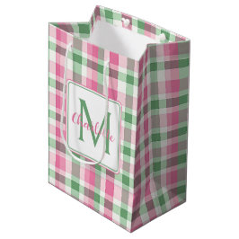 Bolsa De Regalo Mediana Rosa y Verde Cuadros Monograma Elegante