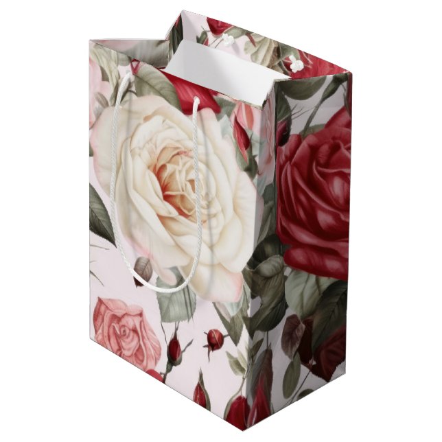 Bolsa De Regalo Mediana Rosas blancas y rojas rosadas delgadas (Angulo reverso)
