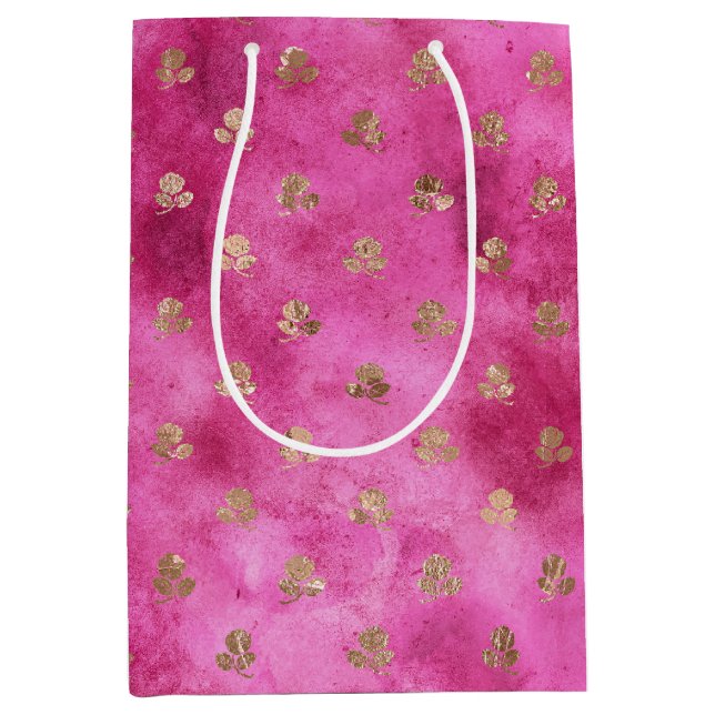 Bolsa De Regalo Mediana Rosas de Oro Girly Pink (Anverso)