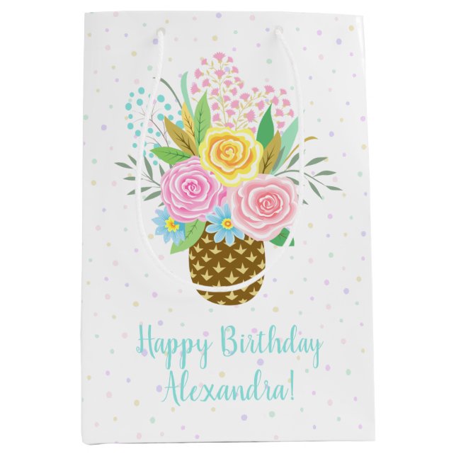 Bolsa De Regalo Mediana Rosas de piña de cumpleaños Bouquet Turquesa rosa (Anverso)