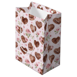 Bolsa De Regalo Mediana Rosas Marrones Rosadas Corazones Florales Despedid
