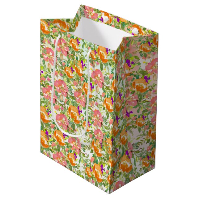 Bolsa De Regalo Mediana Rosas Naranjas rosados Floral (Angulo Anverso)
