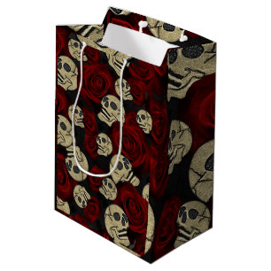 Bolsa De Regalo Mediana Rosas Rojas & Calaveras Gris Negro Floral Gótico