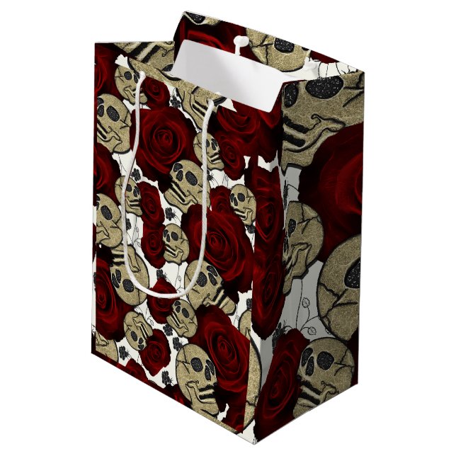 Bolsa De Regalo Mediana Rosas Rojas y Calaveras Floral Negro Gótico Blanco (Angulo reverso)