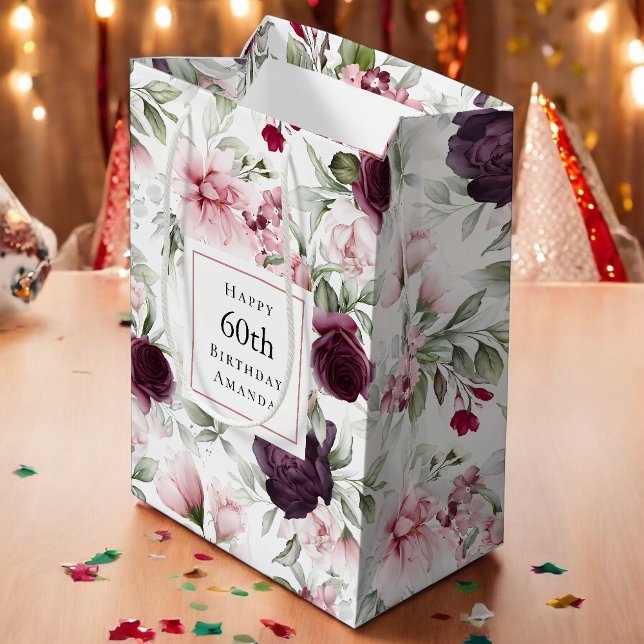 Bolsa De Regalo Mediana Rosas románticos acuarela Botánica 60 cumpleaños (Subido por el creador)