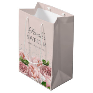 Bolsa De Regalo Mediana Rosas rosadas florales brillo plateado Sweet 16