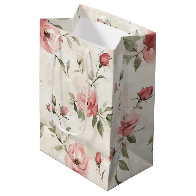 Bolsa De Regalo Mediana Rosas rosadas marfil Floral ducha nupcial (Angulo Anverso)
