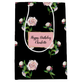 Bolsa De Regalo Mediana Rosas rosadas sobre negro