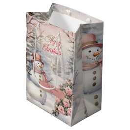 Bolsa De Regalo Mediana Rosas rosadas vintage, pueblo de Navidades de niev