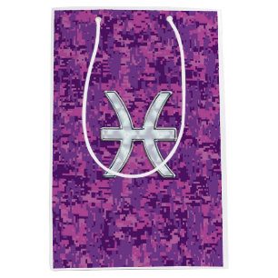 Bolsa De Regalo Mediana Rótulo Pisces Zodiac en camo digital rosado