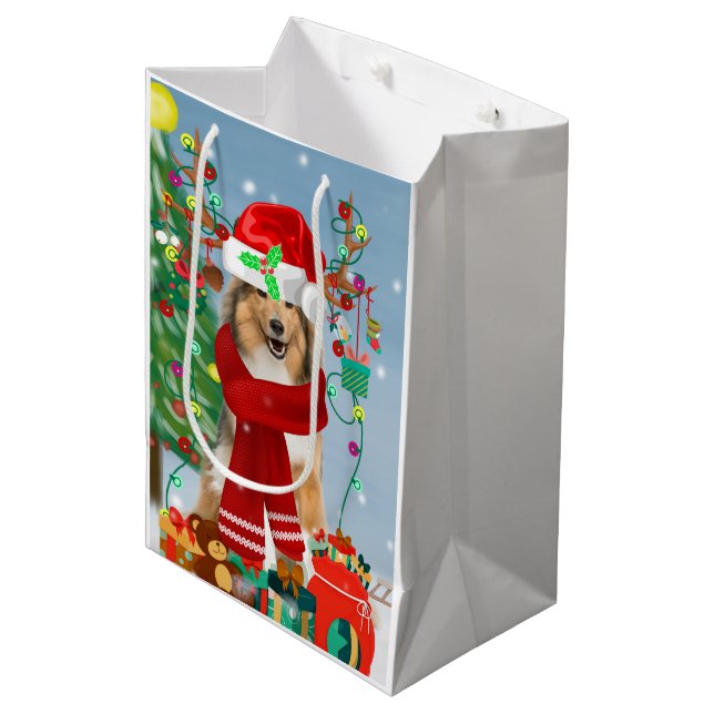 Bolsa De Regalo Mediana Rough Collie Dog in Snow Navidades (Angulo Anverso)