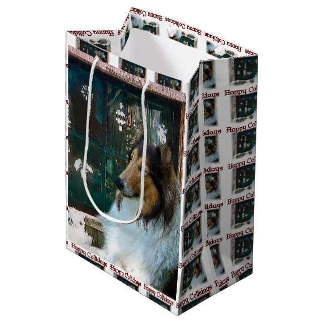 Bolsa De Regalo Mediana Rough Collie Navidades (Angulo Anverso)