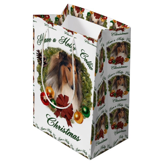 Bolsa De Regalo Mediana Rough Collie Navidades (Angulo reverso)