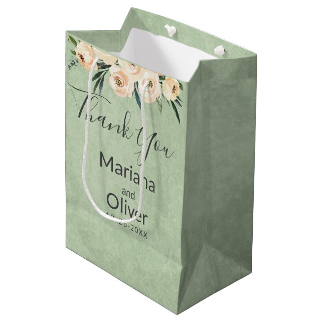 Bolsa De Regalo Mediana Rubor floral beige sobre Boda verde (Angulo Anverso)