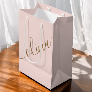 Bolsa De Regalo Mediana Rubor Rosa Dorado Monograma Minimalista Elegante