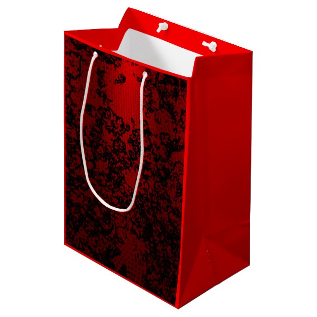 Bolsa De Regalo Mediana Ruby rojo sobre negro floral vibrante elegante (Angulo Anverso)