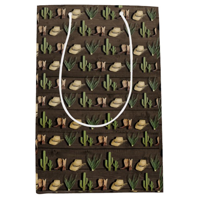 Bolsa De Regalo Mediana Rustic Cowboy Western Rodeo Wooden Birday Party (Anverso)