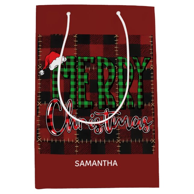 Bolsa De Regalo Mediana Rustic Farmhouse Buffalo Plaid Christmas Custom (Anverso)