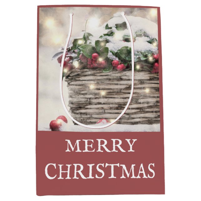 Bolsa De Regalo Mediana Rustic Merry Christmas Holly Berry Basket (Anverso)