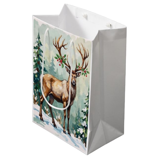 Bolsa De Regalo Mediana Rustic Woodland Reindeer Elegant Christmas Art (Angulo Anverso)