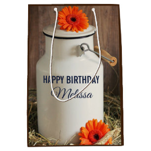 Bolsa De Regalo Mediana Rústica jarra blanca de leche con foto de flores N
