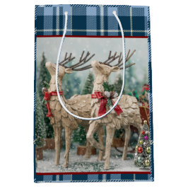 Bolsa De Regalo Mediana Rústico Blue Buffalo Plaid Watercolor Reindeo