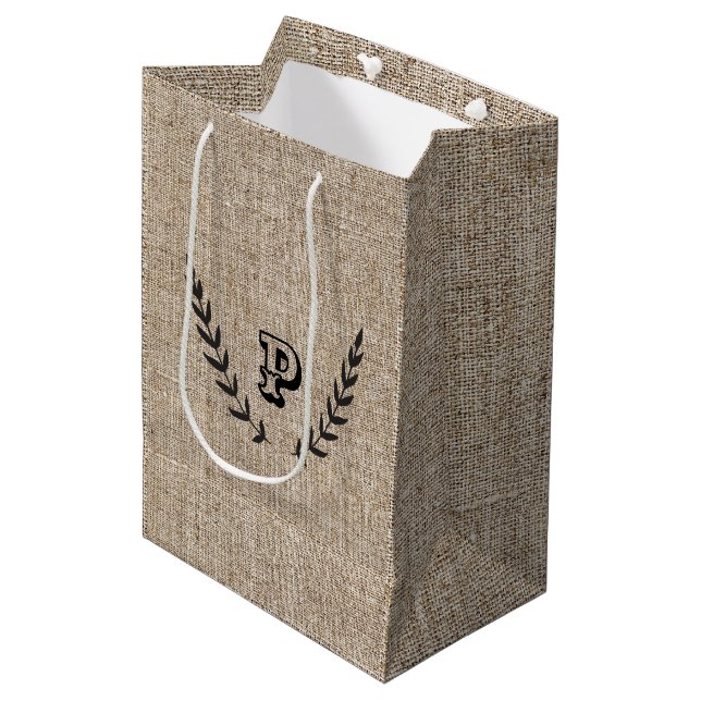 Bolsa De Regalo Mediana Rústico Burlap y Laurel Botánico Negro (Angulo Anverso)