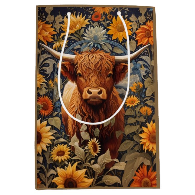 Bolsa De Regalo Mediana Rústico campo Highland Cow Sunflowers (Anverso)