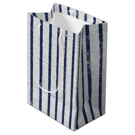 Bolsa De Regalo Mediana Rústico Gris Linen & Navy Blue Stripes Pattern