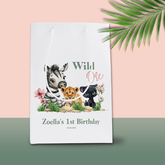 Bolsa De Regalo Mediana Safari Jungle Zoo Animals Pink Wild Un cumpleaños (Safari Jungle Zoo Animals Zebra Tiger Panther Pink Flowers Wild One 1st Birthday Gift Bag)