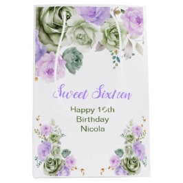 Bolsa De Regalo Mediana Sage Green and Purple Floral Sweet Sixteen