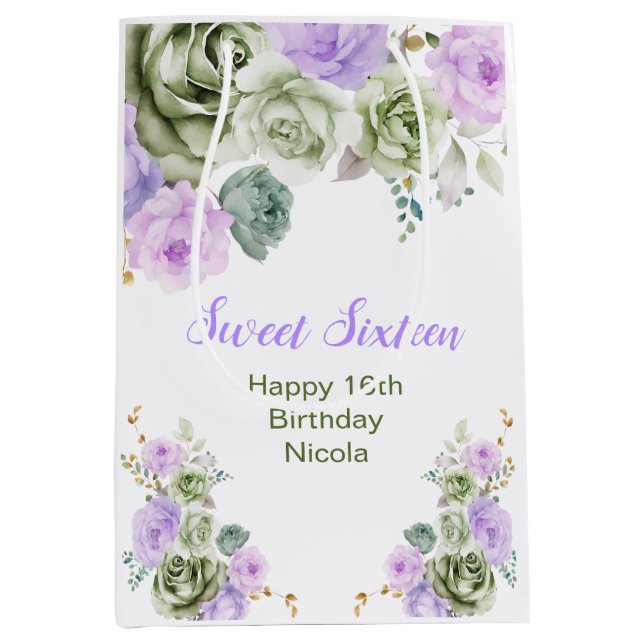 Bolsa De Regalo Mediana Sage Green and Purple Floral Sweet Sixteen (Anverso)