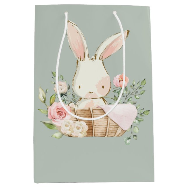 Bolsa De Regalo Mediana Sage Green Baby Rabbit Elegant Baby Shower (Anverso)