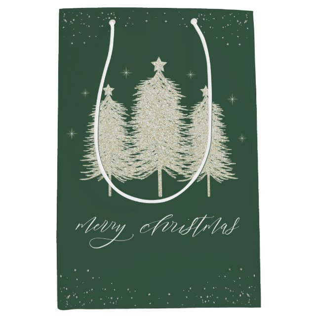 Bolsa De Regalo Mediana Sage Sparkly Merry Christmas Trees (Anverso)