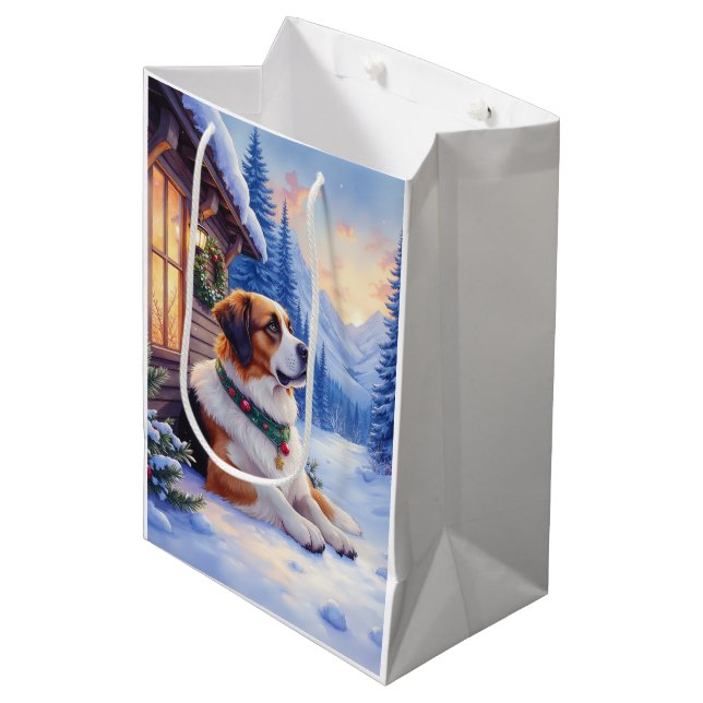 Bolsa De Regalo Mediana Saint Bernard Snowy Mountain Lodge Christmas Dog (Angulo Anverso)