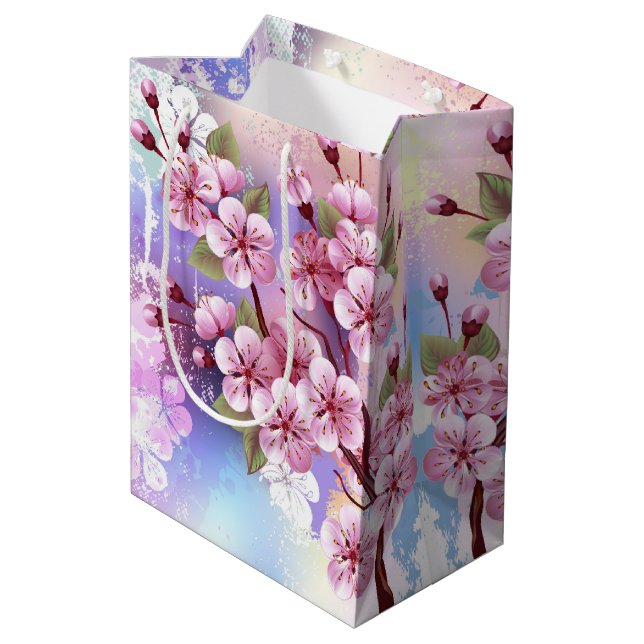 Bolsa De Regalo Mediana Sakura rosa sobre fondo de pintura (Angulo reverso)