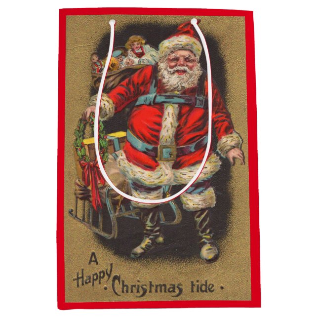 Bolsa De Regalo Mediana Santa Claus de 1915 con su trineo y juguetes impre (Anverso)
