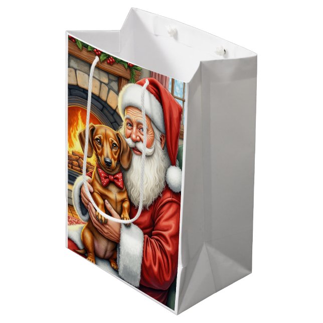 Bolsa De Regalo Mediana Santa Claus Holding Dachshund Christmas Art (Angulo Anverso)