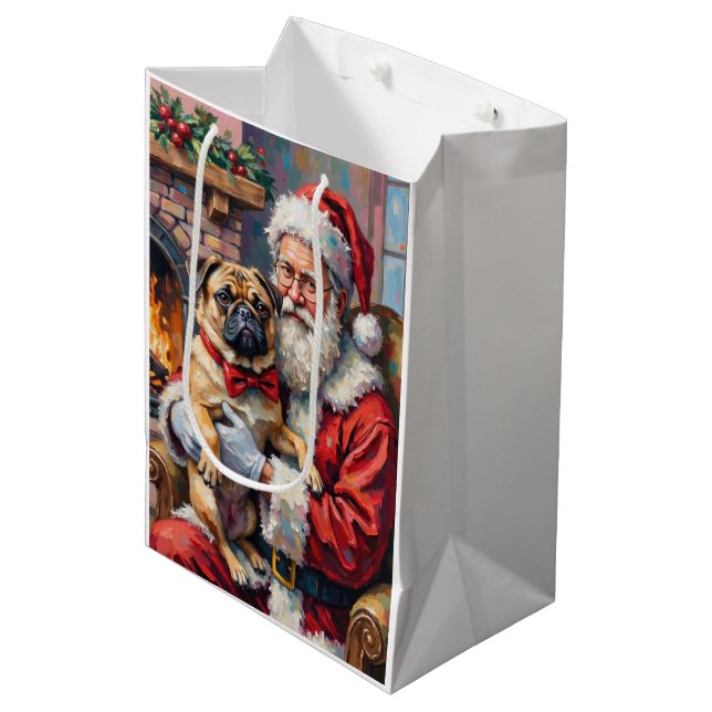 Bolsa De Regalo Mediana Santa Claus Holding Pug Christmas Art (Angulo Anverso)