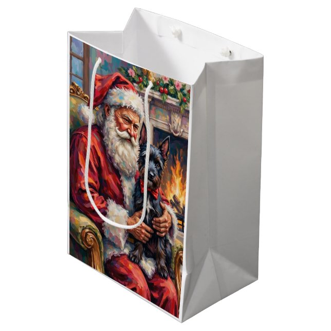 Bolsa De Regalo Mediana Santa Claus Holding Scottish Terrier Christmas Art (Angulo Anverso)