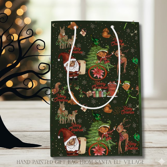 Bolsa De Regalo Mediana Santa & Elf Village Whimsical Holiday Gift Bag (Santa & Elf Village Whimsical Holiday Gift Bag)