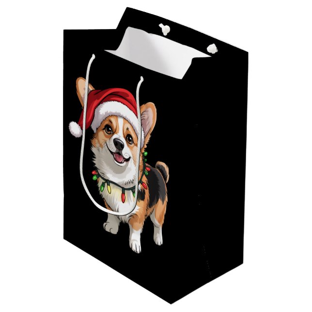 Bolsa De Regalo Mediana Santa Pembroke Welsh Corgi Christmas Tree Lights  (Angulo Anverso)