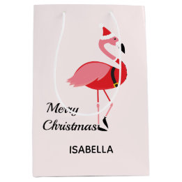 Bolsa De Regalo Mediana Santa Rosa Flamingo Nombre animal Feliz Navidad