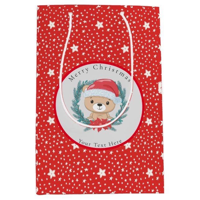 Bolsa De Regalo Mediana Santa Teddy Estrellas Rojas y Blancas Feliz Navida (Anverso)
